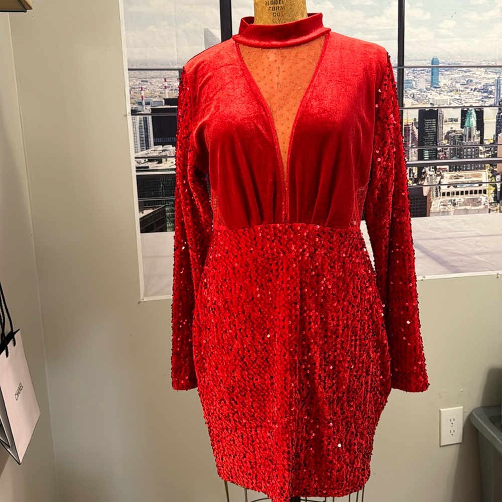 Red Long Sleeve Sequin Velvet Dress - Unbranded